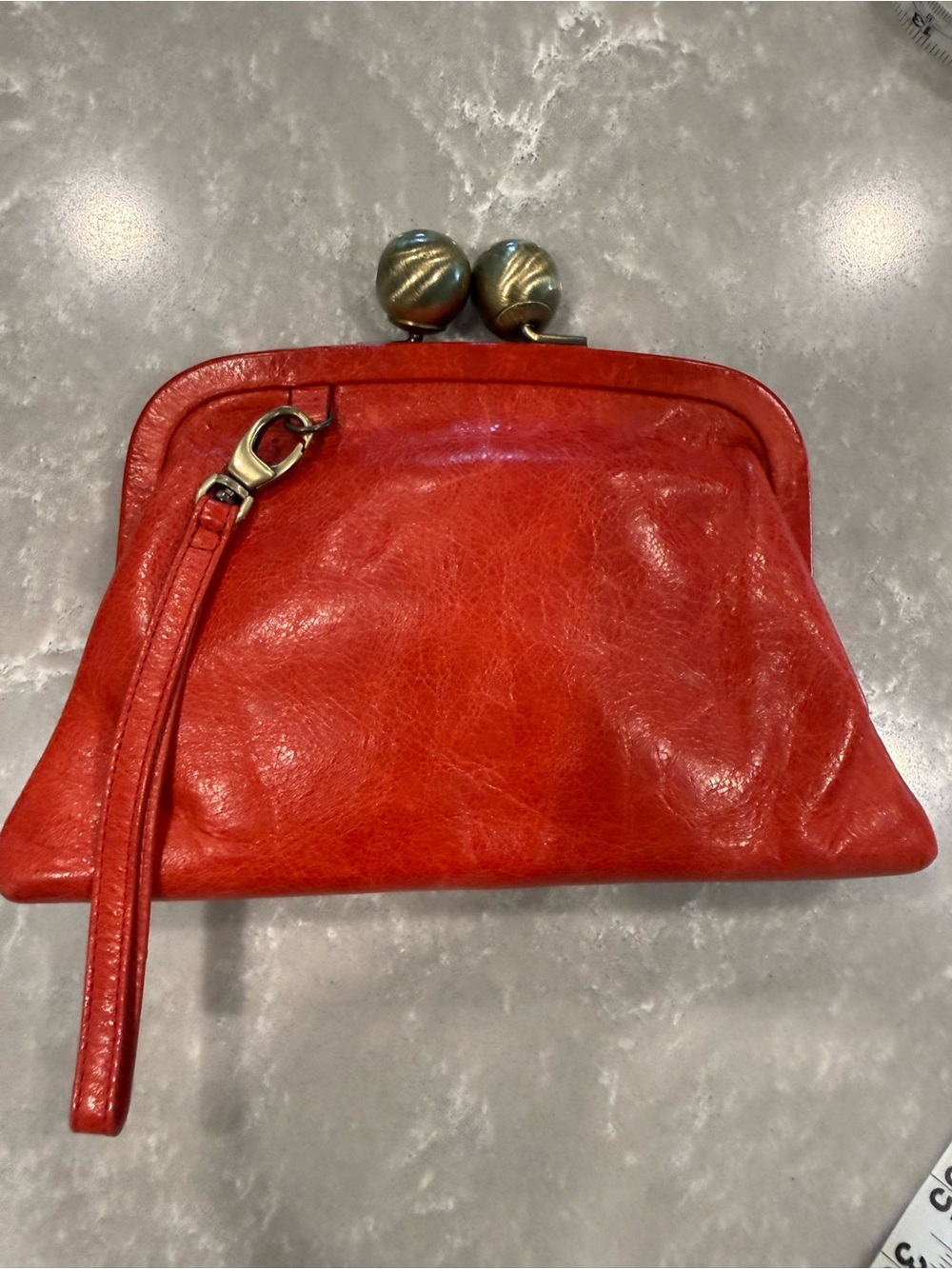 Trina Turk Red Leather Gold Kiss Lock Clutch Wristlet Oversized Ball Closure - Picture 8 of 11